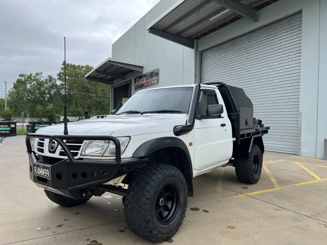 FATZ FABRICATION GU PATROL LH SNORKEL. RAM HEAD, POWDER COATED SATIN BLACK. SUIT 3.5" AIRBOX INLET (FACTORY & SIMILAR)-FFGU-SNLH-RM-SPC-350