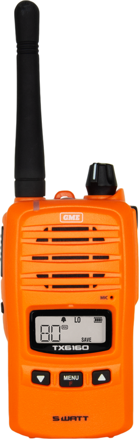 GME 5/1 Watt UHF CB Handheld Radio including Accessories - Twin Pack - Blaze Orange