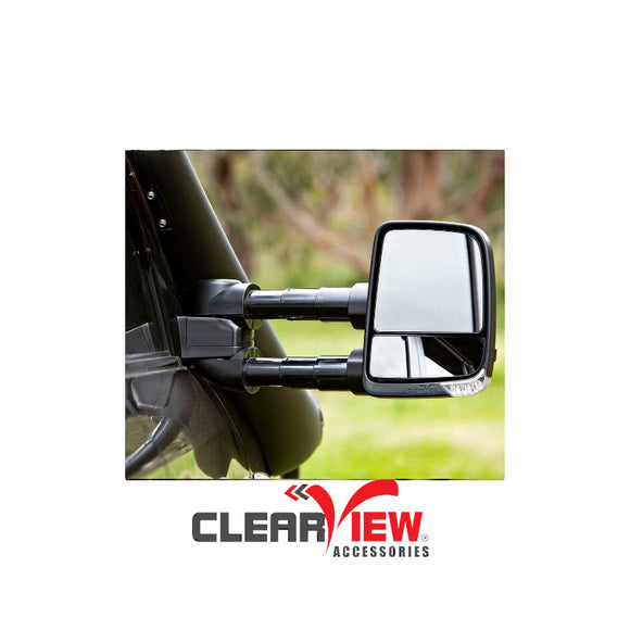 Clearview CVNG-MP-NT-HFIEB Towing Mirrors [Next Gen; Pair; Heated, Power-fold, 3-in-1 Turn Signal, Courtesy, & Clearance Lights, Electric, Black] - Mitsubishi Pajero 2001 onwards